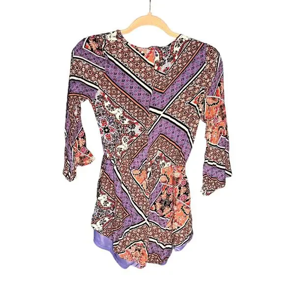 Reverse Pink and Blue Floral Romper Size Small Bell Sleeves V Neck - Picture 6 of 7